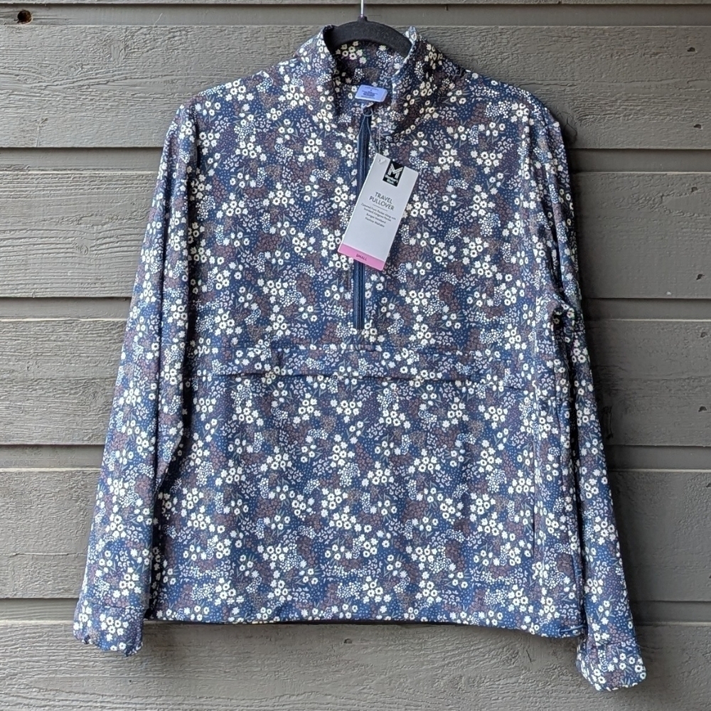 NWT Member's Mark Travel Pullover Navy Blue Ditsy Floral Size Small Half Zip